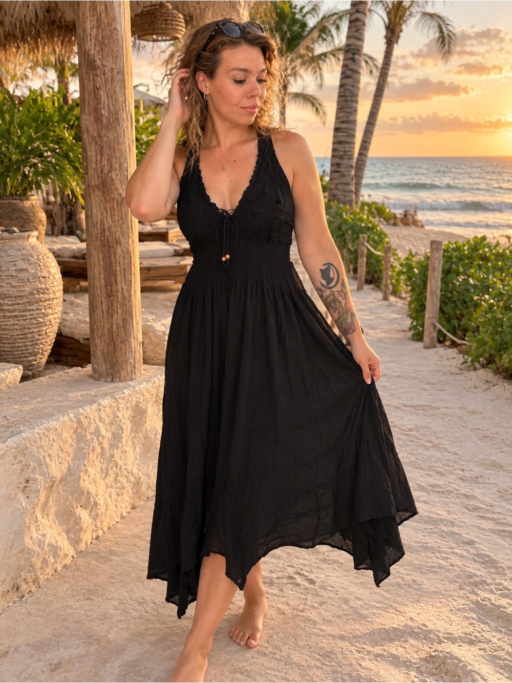 Black V-Neck Smocked Sundress - Classic Women's Summer Dress